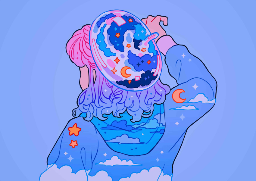 1girl absurdres arm_up beret blue_background blue_clouds blue_hair blue_hat blue_hoodie braid cloud cloud_print crescent_moon from_behind gradient_hair hat highres hood hoodie medium_hair meyoco moon multicolored_hair original pink_hair simple_background sky_print sparkle star_(sky)