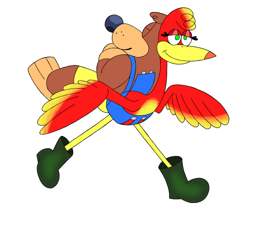 2024 alpha_channel animated anthro avian backpack banjo-kazooie banjo_(banjo-kazooie) beak bear big_nose bird black_nose boots bottomwear breegull brown_body brown_hair clothing duo eyelashes eyes_closed feathers female feral footwear glistening glistening_eyelids glistening_nose green_boots green_clothing green_eyes green_footwear hair half-closed_eyes hi_res inside_backpack kazooie male mammal narrowed_eyes pants rareware red_body red_feathers red_hair schreckengast simple_background transparent_background walking whisker_spots yellow_bottomwear yellow_clothing yellow_pants