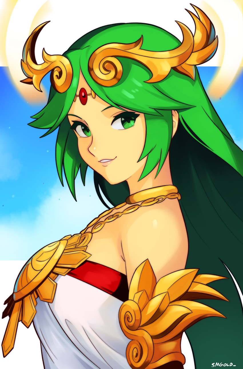 1girl absurdres breasts dress green_eyes green_hair highres kid_icarus kid_icarus_uprising long_hair looking_at_viewer palutena smgold solo strapless strapless_dress white_dress