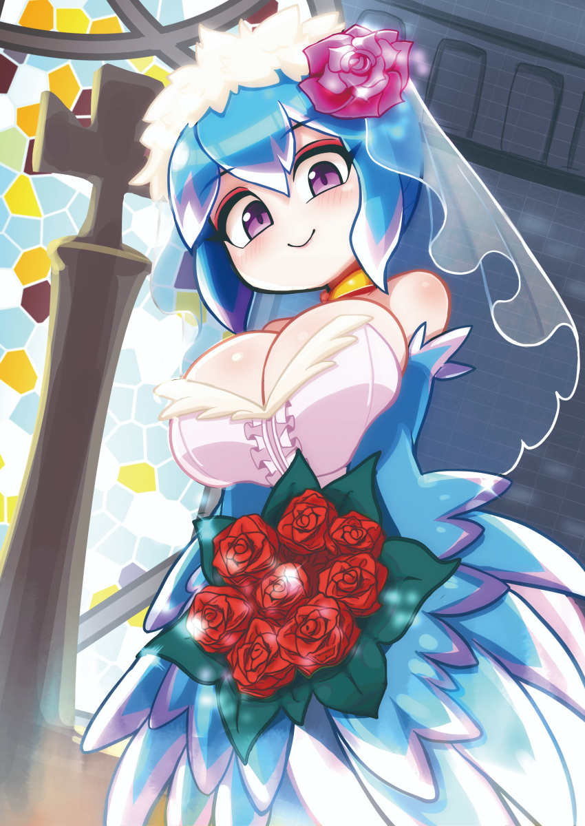 1girl absurdres bare_shoulders blue_feathers blue_hair blue_wings blush bouquet breasts bridal_veil cleavage commentary commission dress feathers flower hair_between_eyes highres holding holding_bouquet indoors jimafy large_breasts looking_at_viewer multicolored_hair original pink_eyes pink_feathers pink_flower pink_hair pink_rose red_flower red_rose rose short_hair sleeveless sleeveless_dress smile solo stained_glass two-tone_hair two-tone_wings veil wedding_dress white_dress wings
