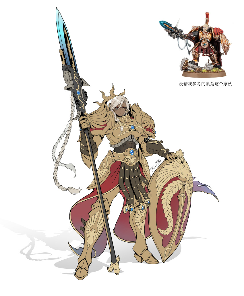 1girl absurdres adeptus_custodes armor armored_boots blonde_hair boobplate boots breasts dark-skinned_female dark_skin faulds flat_color full_body gauntlets highres holding holding_polearm holding_weapon large_breasts looking_at_viewer moonface photo-referenced photo_inset polearm red_eyes reference_inset shadow shield shoulder_armor solo spear standing waist_cape warhammer_40k weapon white_background