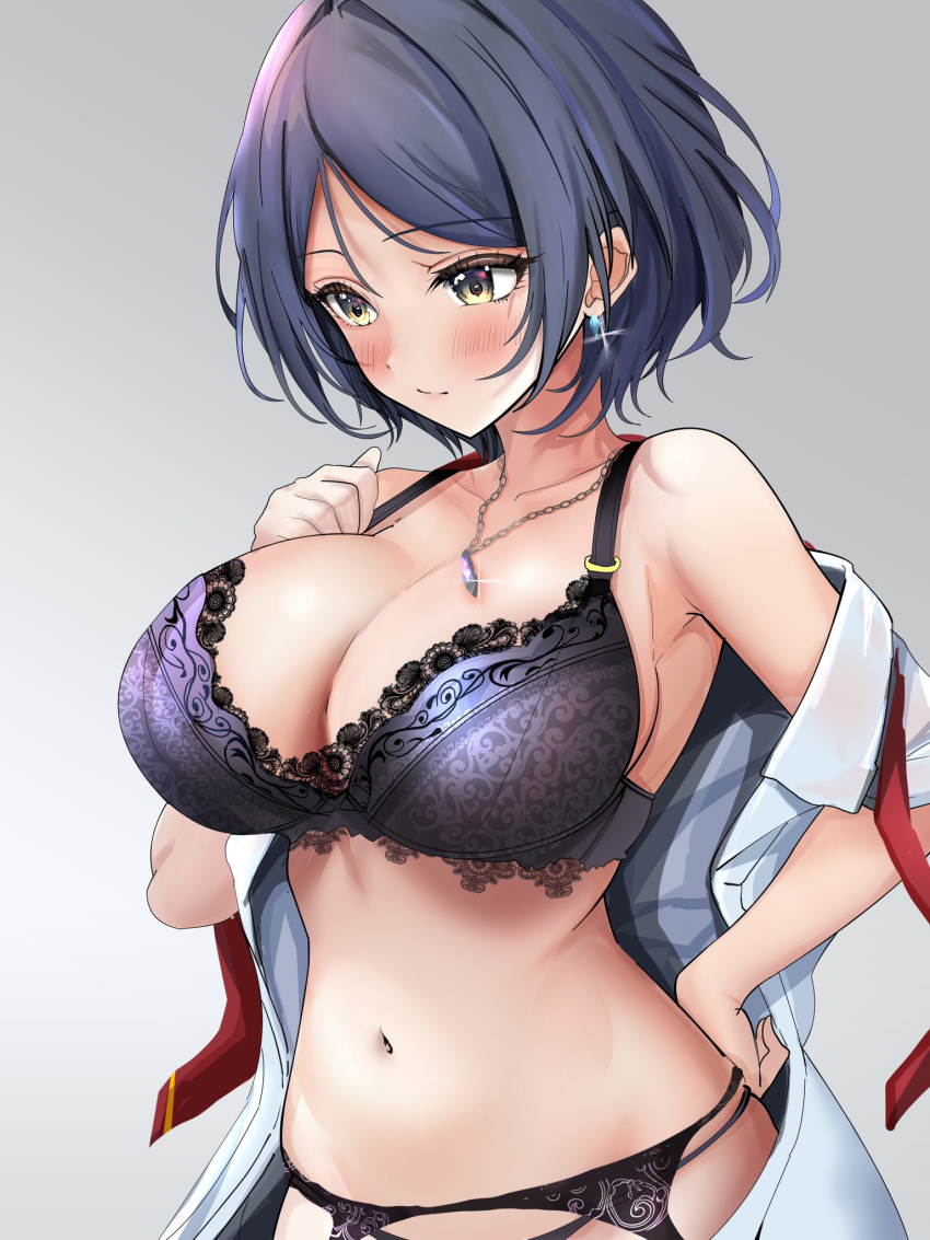 1girl bare_shoulders black_panties blue_hair blush bra breasts cleavage collarbone earrings garter_belt groin hayami_kanade highres idolmaster idolmaster_cinderella_girls jewelry lace-trimmed_bra lace_trim large_breasts navel necklace necktie panties parted_bangs purple_bra red_necktie shingi_(truth_fakesingi) shirt short_hair solo underwear undone_necktie undressing unworn_clothes white_shirt yellow_eyes