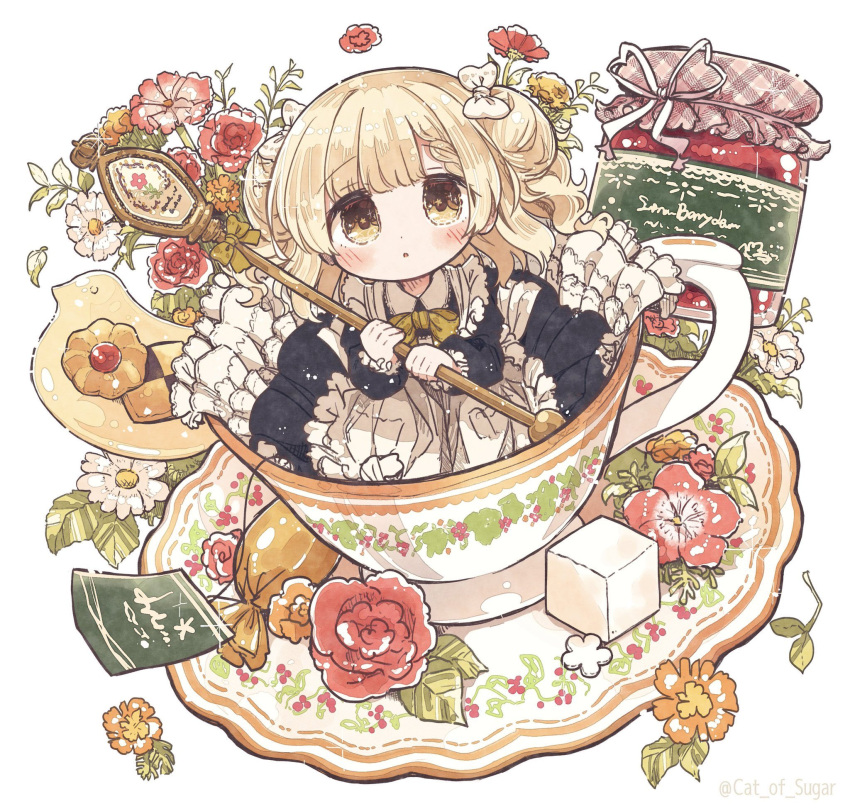 1girl :o apron black_dress blonde_hair blush bow bowtie chibi chibi_only commentary cup dot_nose dress flower frilled_apron frills full_body highres holding holding_staff in_container in_cup jam long_sleeves looking_at_viewer maid neko_satou open_mouth orange_flower original red_flower saucer simple_background solo staff sugar_cube symbol-only_commentary teacup twitter_username two_side_up white_apron white_background yellow_bow yellow_bowtie yellow_eyes