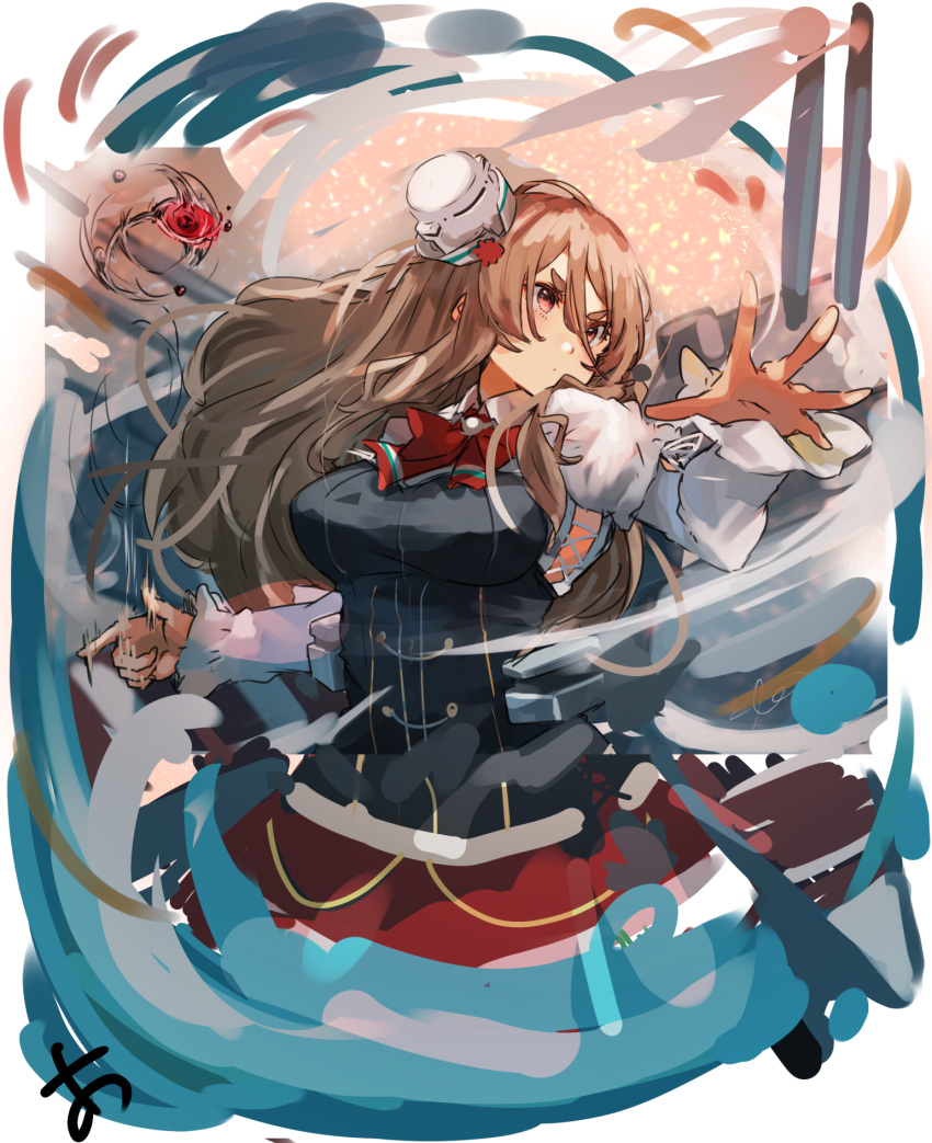 1girl adapted_turret bodice breasts brown_eyes cannon grey_hair hair_between_eyes hat highres kantai_collection large_breasts long_hair long_sleeves looking_at_viewer machinery mini_hat pola_(kancolle) red_skirt rigging shirt skirt smile smokestack solo sunday_aki thick_eyebrows tilted_headwear turret wavy_hair white_shirt