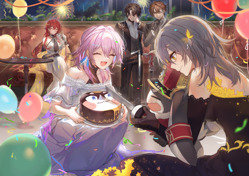 1other 2boys 3girls absurdres alternate_costume asymmetrical_gloves bare_shoulders birthday_cake black_dress black_gloves breasts cake cleavage closed_eyes closed_mouth crossed_legs crying cup dan_heng_(honkai:_star_rail) dress elbow_gloves facing_another food gloves grey_hair highres himeko_(honkai:_star_rail) holding holding_cup holding_knife honkai:_star_rail honkai_(series) knife large_breasts looking_at_another march_7th_(honkai:_star_rail) medium_hair mismatched_gloves mole mole_on_breast multiple_boys multiple_girls open_mouth pink_hair pom-pom_(honkai:_star_rail) red_eyes see-through see-through_cleavage sitting smile sp0i0ppp squatting standing stelle_(honkai:_star_rail) streaming_tears tears trailblazer_(honkai:_star_rail) uneven_gloves welt_yang white_dress white_gloves yellow_eyes