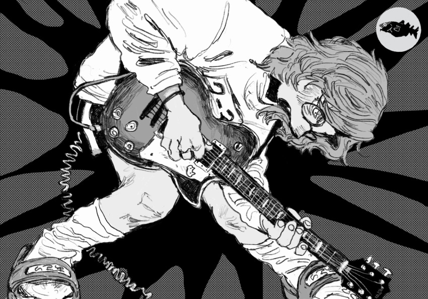 1other electric_guitar fish grey_hair greyscale guitar halftone halftone_background highres icon_(computing) instrument mettaflix monochrome open_mouth original playing_guitar shirt slippers socks solo white_shirt white_socks