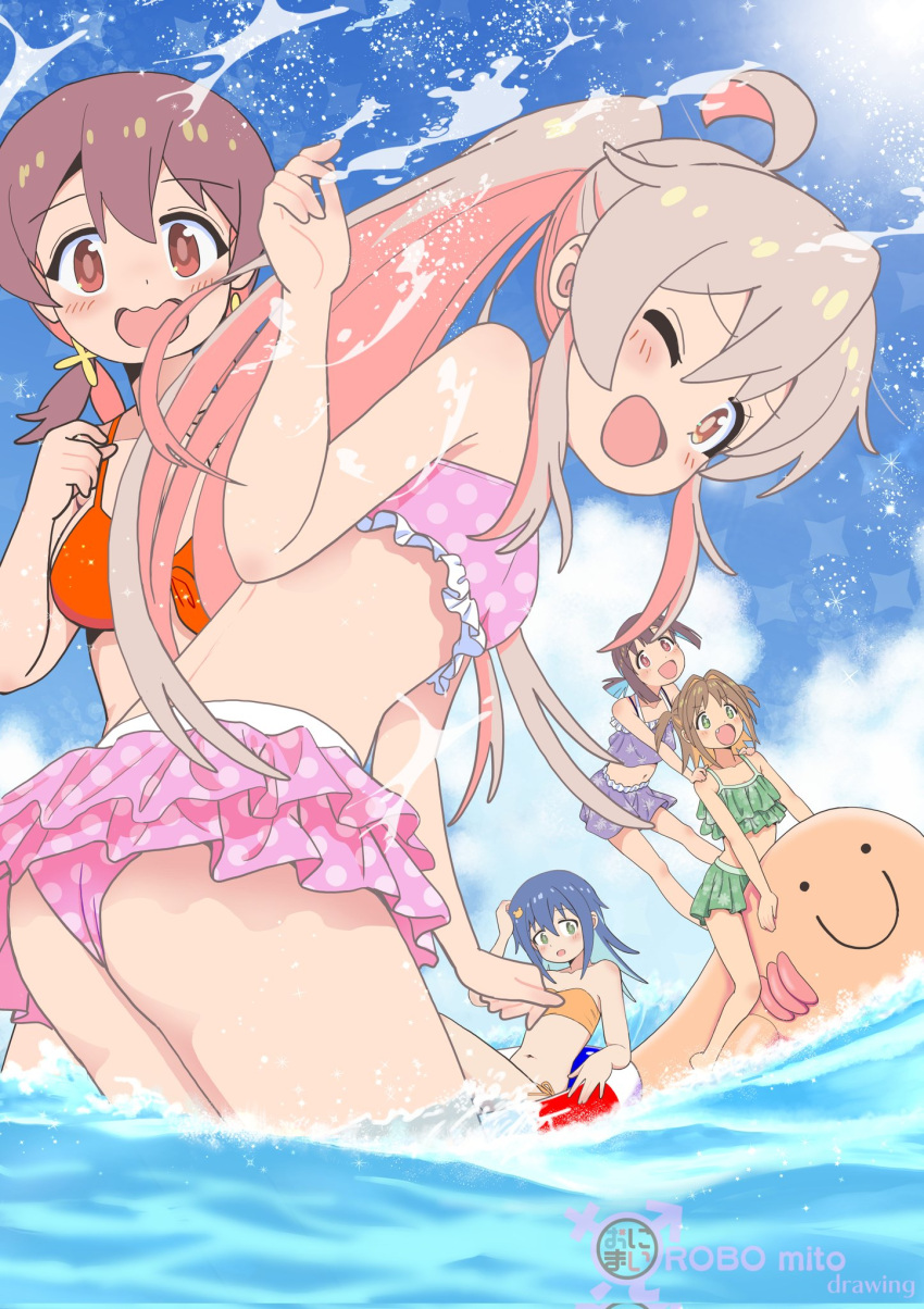 +_+ 5girls :d ;d ahoge artist_name bare_arms bare_legs bare_shoulders bikini bikini_skirt blue_hair blue_sky breasts brown_eyes brown_hair cloud colored_inner_hair commentary copyright_name corrupted_twitter_file day english_text fang green_bikini green_eyes hair_between_eyes hair_intakes highres hozuki_momiji innertube light_blue_hair light_blush long_hair looking_at_viewer male-female_symbol medium_breasts multicolored_hair multiple_girls murosaki_miyo navel oka_asahi one_eye_closed onii-chan_wa_oshimai! open_mouth orange_bikini orange_hair outdoors oyama_mahiro pink_bikini pink_hair polka_dot polka_dot_bikini ponytail print_bikini purple_bikini red_eyes red_hair robomito short_hair short_ponytail sky small_breasts smile splashing swim_ring swimsuit tenkawa_nayuta two-tone_hair two_side_up wading water wavy_mouth