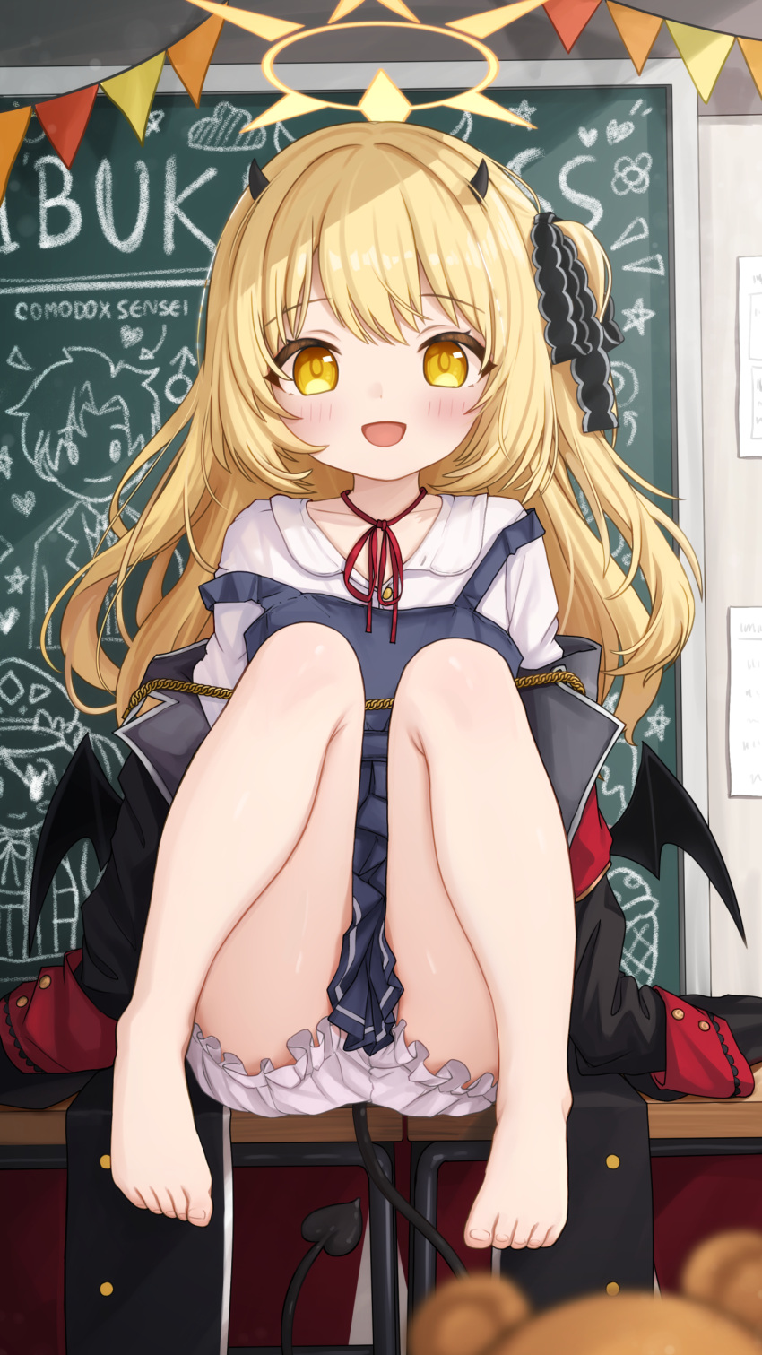 1girl absurdres armband black_coat black_horns black_tail black_wings blonde_hair bloomers blue_archive blush chalkboard coat comodomodo demon_horns demon_tail demon_wings desk dress halo highres horns ibuki_(blue_archive) long_hair looking_at_viewer low_wings open_mouth pinafore_dress pointy_ears red_armband school_desk shirt sleeveless sleeveless_dress sleeves_past_fingers sleeves_past_wrists smile tail white_bloomers wings yellow_eyes yellow_halo