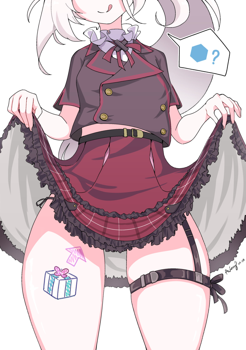 1girl :q absurdres aviary belt blazer blue_archive bow bowtie clothes_lift commentary english_commentary grey_hair head_out_of_frame highres jacket leg_tattoo lifted_by_self long_hair looking_at_viewer mutsuki_(blue_archive) panties pantyshot plaid plaid_skirt pyroxene_(blue_archive) red_bow red_bowtie school_uniform short_sleeves side-tie_panties side_ponytail sidelocks simple_background skirt skirt_lift solo spoken_object tattoo thick_thighs thigh_belt thigh_strap thighs tongue tongue_out underwear white_background white_hair