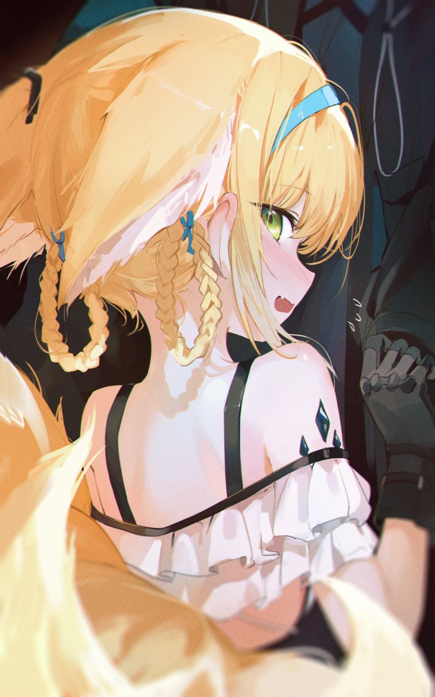 1girl 1other :d absurdres animal_ears arknights black_gloves blonde_hair blue_hairband blush braided_hair_rings doctor_(arknights) ears_down fox_ears fox_girl fox_tail from_behind furizuu20 gloves green_eyes hairband hand_up highres kitsune kyuubi looking_at_viewer material_growth multiple_tails off-shoulder_shirt off_shoulder open_mouth oripathy_lesion_(arknights) out_of_frame profile shirt sideways_glance smile solo_focus suzuran_(arknights) tail upper_body white_shirt