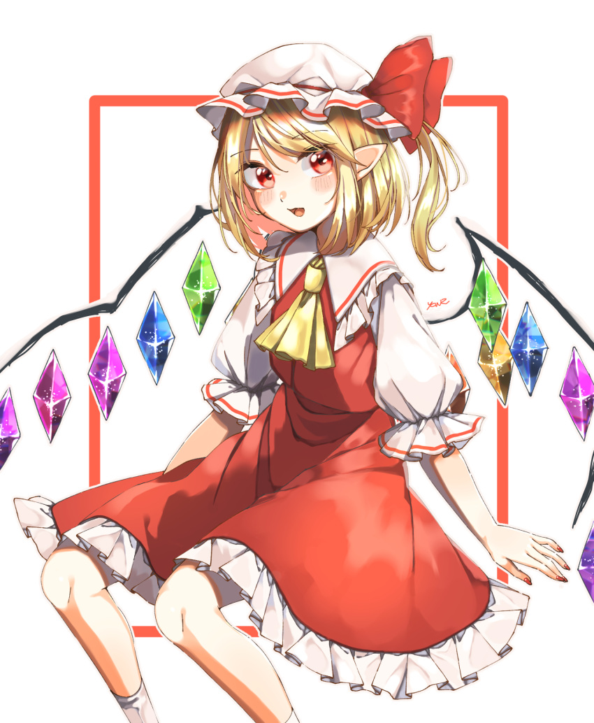 1girl ascot blonde_hair cowboy_shot crystal_wings dress flandre_scarlet hat hat_ribbon highres looking_at_viewer medium_hair mob_cap open_mouth pointy_ears puffy_short_sleeves puffy_sleeves red_dress red_eyes red_ribbon ribbon short_sleeves side_ponytail simple_background solo touhou white_background yellow_ascot yukiwari_(warr4854)