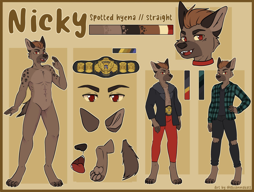 akiannakatt anthro brown_body brown_fur brown_hair fur hair hi_res hyena male mammal model_sheet nicky_graves red_eyes solo wwe