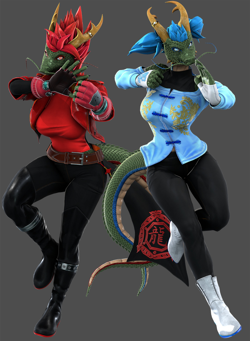 2024 3d_(artwork) 5_fingers anthro belt blender_(software) blue_eyes blue_hair boots bottomwear bras_(petruz) breasts clothed clothing digital_media_(artwork) dragon duo eastern_dragon female fighting_pose fingerless_gloves fingers fist footwear gloves green_body green_scales hair handwear hi_res horn horn_jewelry horn_ring humanoid_hands isu_(petruz) jacket jewelry mythological_creature mythological_scalie mythology pants petruz petruz_(copyright) pose red_eyes red_hair ring_(jewelry) scales scalie sibling_(lore) sister_(lore) sisters_(lore) standing topwear