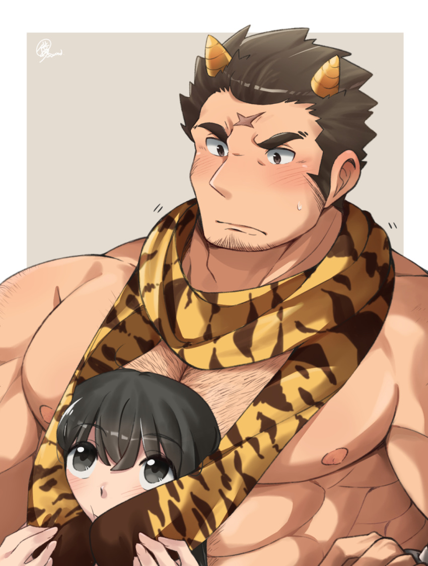 1boy 1girl abs bara blush cone_horns cross_scar facial_hair goatee_stubble hetero highres horns houzouin_oniwaka large_pectorals long_sideburns looking_at_another male_focus muscular muscular_male nipples official_alternate_costume pectorals print_scarf protagonist_2_(housamo) scar scar_on_face scar_on_forehead scarf short_hair sideburns solo strongman_waist stubble thick_eyebrows tokyo_afterschool_summoners upper_body yu062424