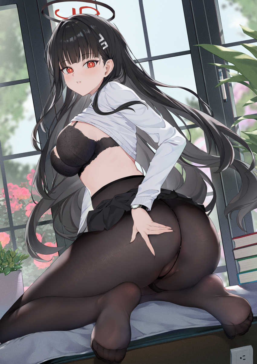 1girl ass black_bra black_hair black_halo black_pantyhose black_skirt blue_archive blush bra breasts bright_pupils clothes_lift commentary_request feet flower glass_door hair_ornament hairclip hairpin halo highres hokori_sakuni indoors lace-trimmed_bra lace_trim large_breasts long_hair long_sleeves looking_at_viewer looking_back miniskirt no_panties no_shoes pantyhose plant potted_plant red_eyes red_flower red_rose rio_(blue_archive) rose skirt skirt_lift soles sweater sweater_lift underwear watch white_pupils white_sweater