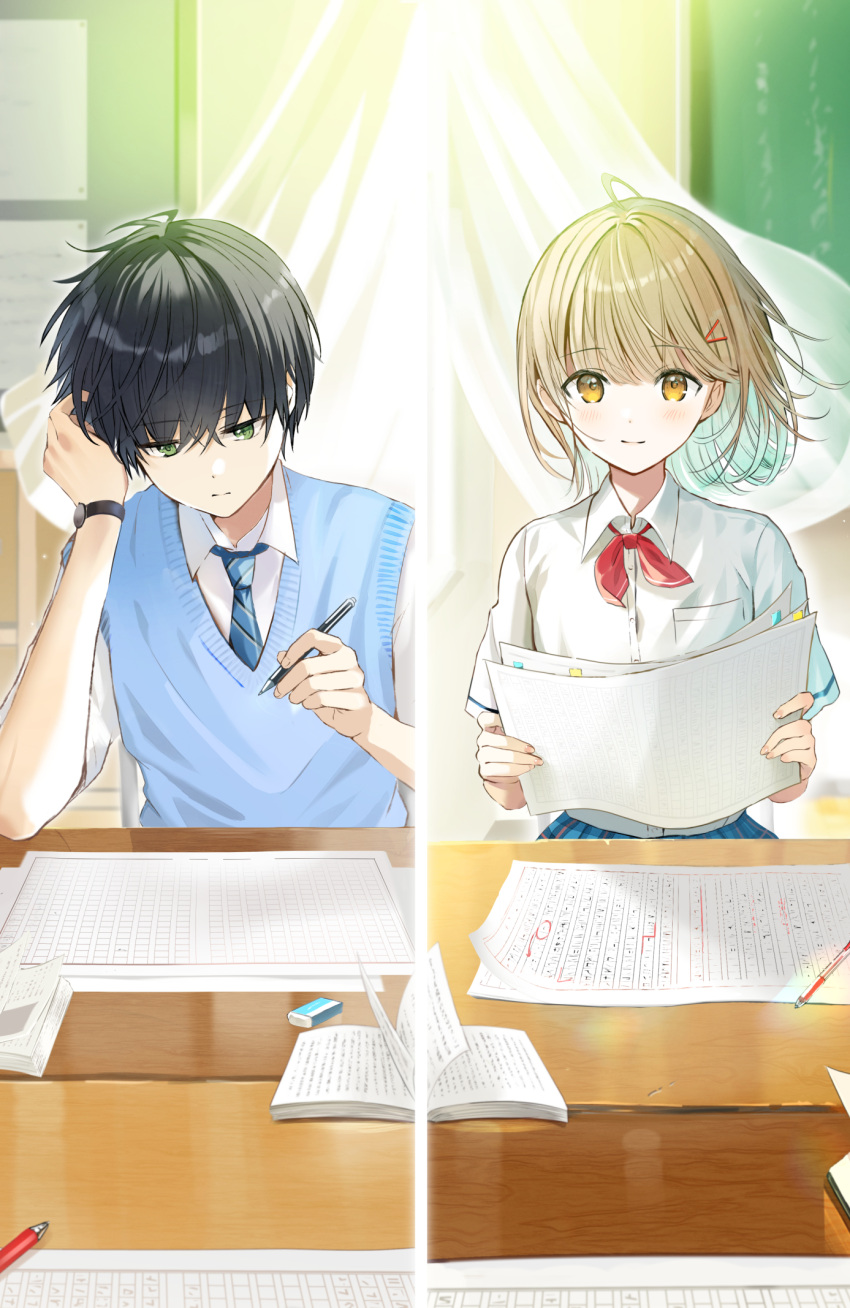 1boy 1girl black_hair blonde_hair blue_necktie blue_vest blush character_request closed_mouth collared_shirt commentary_request copyright_request cover cover_page curtains desk eraser facing_viewer green_eyes hair_ornament hairclip head_rest highres holding holding_paper holding_pen looking_at_viewer looking_down necktie novel_cover novel_illustration official_art paper pen red_ribbon ribbon school_desk school_uniform shirt short_hair short_sleeves split_screen vest watch white_shirt wristwatch yellow_eyes yukimaru_nun
