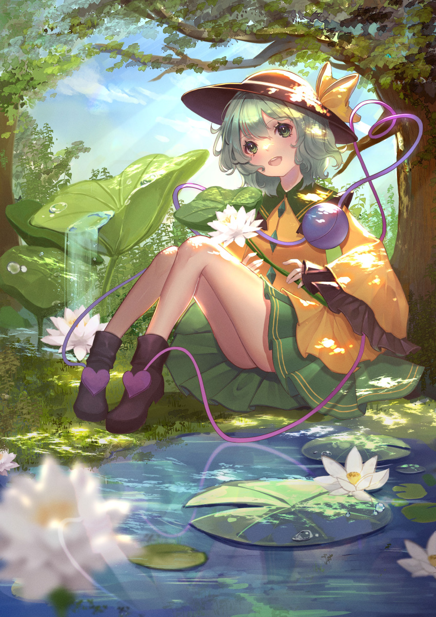 1girl absurdres arua black_hat bow buttons day diamond_button eyeball flower foliage frilled_shirt_collar frilled_sleeves frills green_eyes green_hair green_skirt hat hat_bow heart heart_of_string highres holding holding_flower komeiji_koishi lily_pad long_sleeves open_mouth outdoors reflection reflective_water shirt sitting skirt smile solo thighs third_eye touhou tree water water_lily_flower white_flower wide_sleeves yellow_bow yellow_shirt