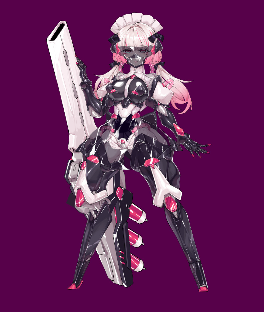 1girl absurdres blue_eyes bodysuit breasts cannon digitigrade exoskeleton full_body highres huge_weapon jian_xuanyuan large_breasts latex long_hair looking_at_viewer low_twintails mask mecha_musume mechanical_arms mechanical_legs mouth_mask original pasties pink_hair purple_background second-party_source see-through shiny_clothes skin_tight solo standing stealth_bondage twintails variant_set weapon