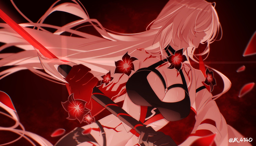 1girl acheron_(honkai:_star_rail) black_choker black_gloves black_shorts body_markings breasts choker cleavage coat coattails detached_sleeves flower gloves hair_over_eyes highres holding holding_sword holding_weapon honkai:_star_rail honkai_(series) jk_4140 long_hair midriff navel official_alternate_hair_color red_flower short_shorts shorts single_bare_shoulder solo stomach sword twitter_username weapon white_coat white_hair