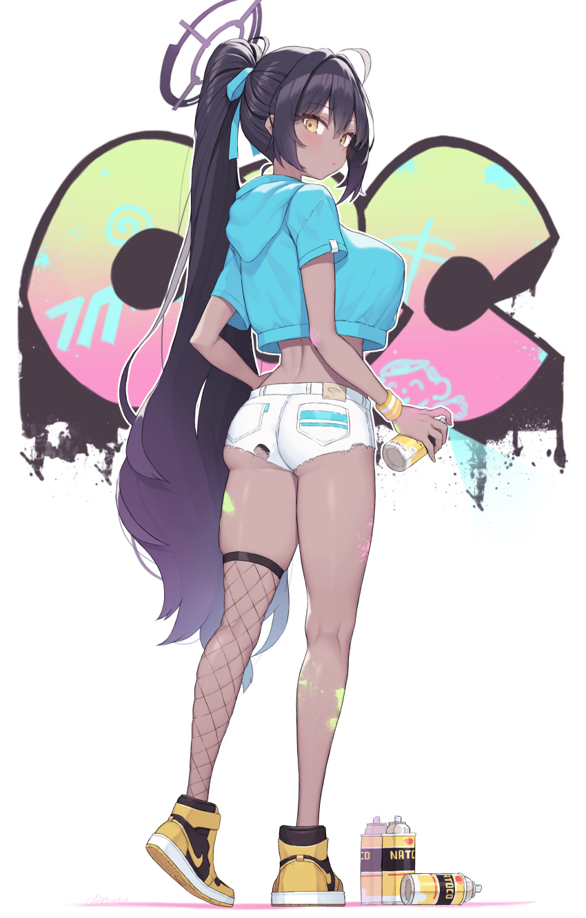 1girl absurdres ass black_hair black_panties blue_archive blue_hoodie blue_ribbon blush breasts cloba closed_mouth commentary cropped_hoodie dark-skinned_female dark_skin from_behind full_body gradient_hair graffiti hair_ribbon halo high_ponytail highres holding hood hood_down hoodie karin_(blue_archive) kneepits large_breasts long_hair looking_at_viewer looking_back multicolored_hair paint_on_body panties panty_peek purple_hair ribbon short_shorts shorts sidelocks simple_background solo spray_paint standing thighs tiptoes torn_clothes torn_shorts underbutt underwear very_long_hair white_background white_shorts yellow_eyes yellow_footwear