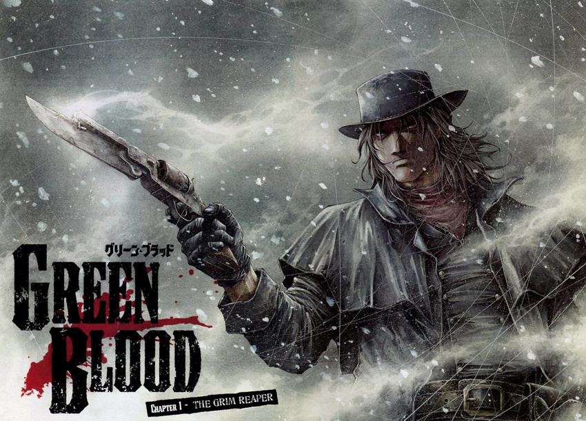 brad_burns coat cowboy green_blood gunblade hat long_hair pistol_sword revolver snow weapon western