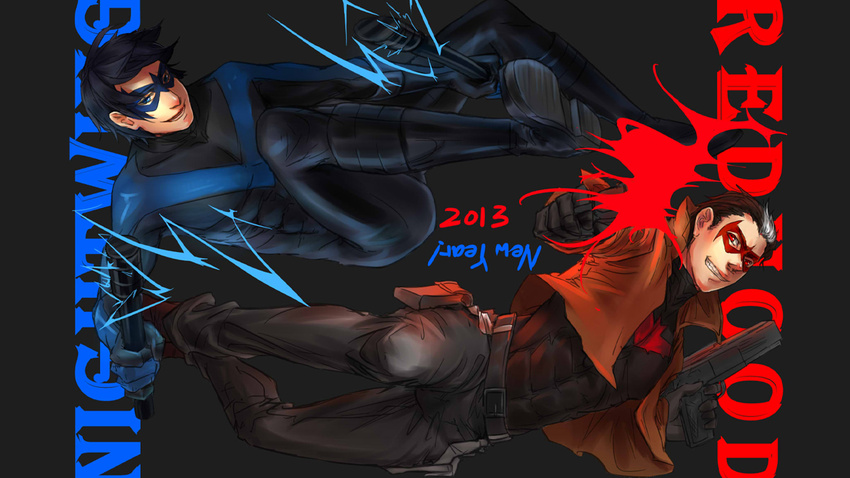 2013 2boys batman_(series) black_hair blue_eyes bodysuit boots brothers character_name dc_comics dick_grayson domino_mask dual_wielding escrima_stick gun jacket jason_todd male_focus mask multicolored_hair multiple_boys new_year nightwing red_hood_(dc) siblings two-tone_hair weapon