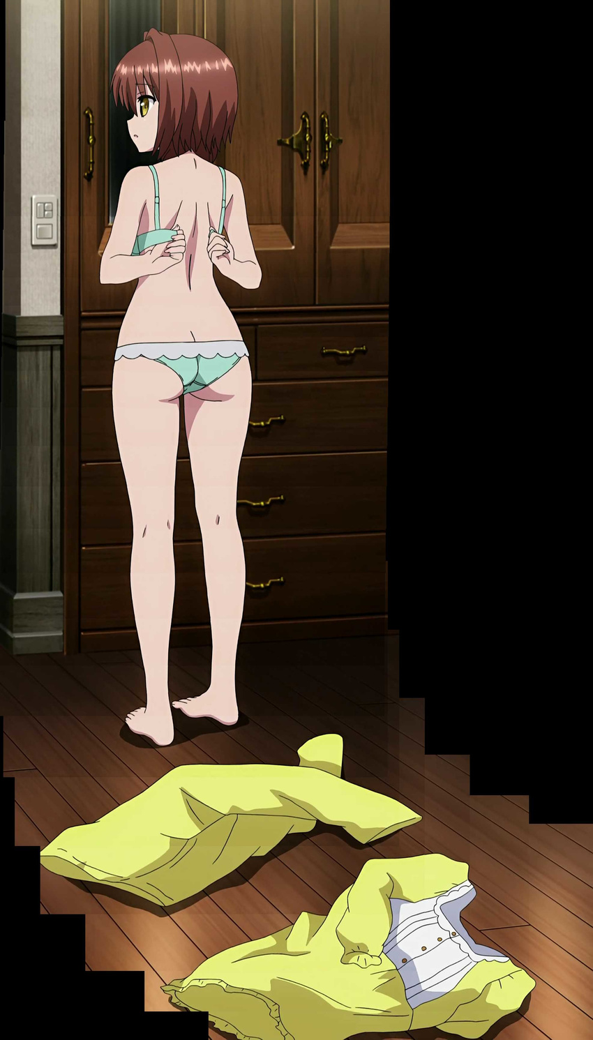 absolute_duo arms_behind_back ass back barefoot bra brown_hair dressing highres hotaka_miyabi indoors looking_to_side looking_to_the_side panties screencap thighs underwear yellow_eyes