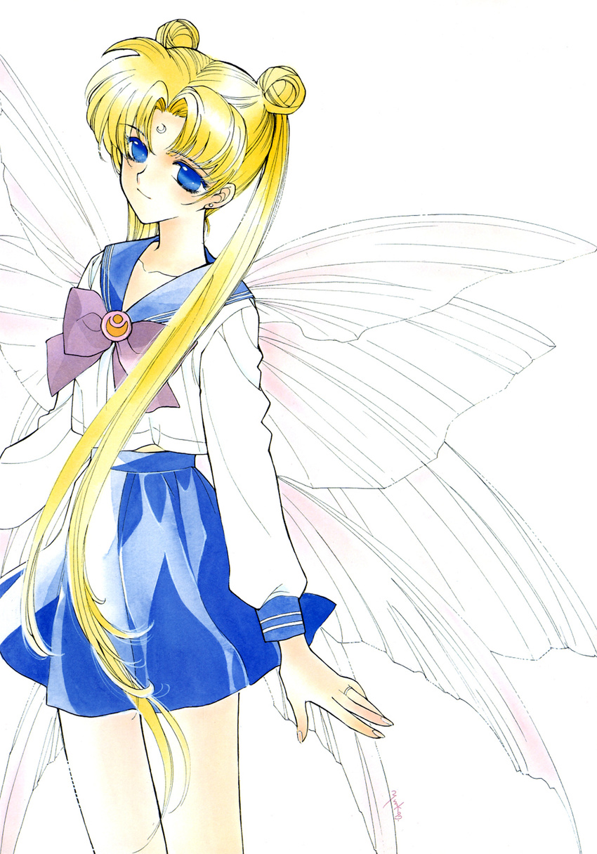 90s artist_name bangs bishoujo_senshi_sailor_moon blonde_hair blue_eyes blue_sailor_collar blue_skirt bow brooch butterfly_wings cowboy_shot double_bun facial_mark fingernails forehead_mark highres jewelry juuban_middle_school_uniform kouga_yun long_hair long_sleeves parted_bangs purple_bow ring sailor_collar school_uniform serafuku signature skirt solo tsukino_usagi twintails very_long_hair white_background wings