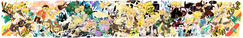 1girl absurdres aku_no_musume_(vocaloid) annotation_request bad_id bad_pixiv_id blonde_hair blue_eyes brother_and_sister gekokujou_(vocaloid) gemini_(vocaloid) hair_ornament hair_ribbon hairclip hakobako_player_(vocaloid) highres hitobashira_alice_(vocaloid) juvenile_(vocaloid) kagamine_len kagamine_rin kagamine_rin_(roshin_yuukai) kokoro_(vocaloid) kurai_mori_no_circus_(vocaloid) long_image makuragi_(vocaloid) maple_(cyakapon) multiple_persona ribbon roshin_yuukai_(vocaloid) saihate_(vocaloid) short_hair shuujin/kami_hikouki_(vocaloid) siblings songover trick_and_treat_(vocaloid) twins vocaloid wide_image
