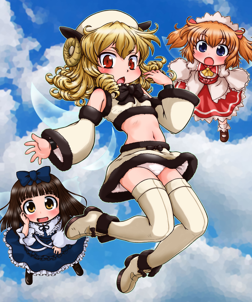 adapted_costume animal_costume bangs blonde_hair blue_dress blue_eyes blunt_bangs brown_eyes brown_hair chestnut_mouth crop_top curly_hair detached_sleeves dress drill_hair fairy fairy_wings flying hair_ribbon highres horns long_hair looking_at_viewer luna_child midriff miniskirt multiple_girls open_mouth orange_hair panties red_eyes ribbon sheep_costume sheep_horns short_hair short_twintails skirt star_sapphire sunny_milk tachikawa thighhighs touhou twintails underwear white_panties wide_sleeves wings