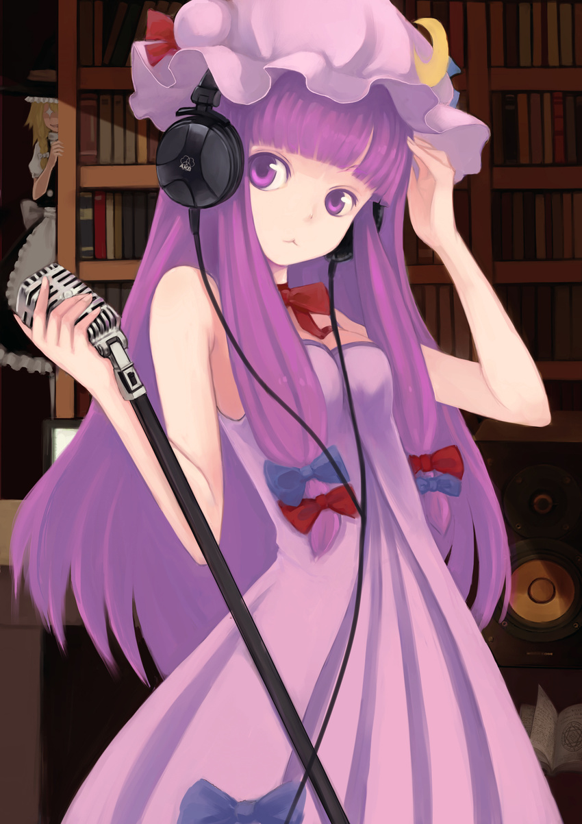 2girls :3 bangs bare_shoulders blue_ribbon blunt_bangs book bookshelf choker dress hair_ribbon hat headphones highres kirisame_marisa long_hair microphone microphone_stand mob_cap multiple_girls patchouli_knowledge purple_dress purple_eyes purple_hair red_ribbon ribbon ribbon_choker rokudou-j sleeveless sleeveless_dress striped striped_dress touhou tress_ribbon vertical-striped_dress vertical_stripes very_long_hair when_you_see_it