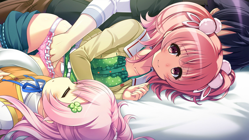 1/7_no_mahoutsukai 1boy 2girls artist_request blush character_request clover fingering game_cg hair_ornament hairclip happy ichijou_yuuji lying multiple_girls ninomiya_manaka ninomiya_yotsugi panties pink_eyes pink_hair pink_panties polka_dot_panties regulus_(company) sleeping smile source_request tel-o twintails underwear