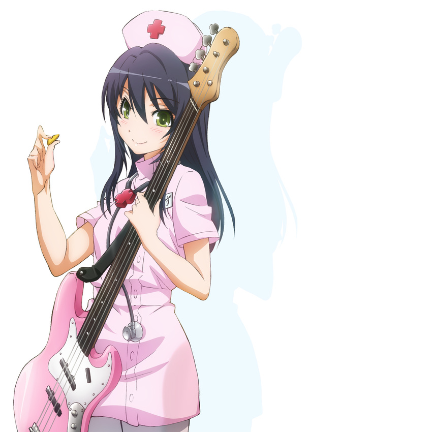 bass_guitar black_hair blush fujimi_suzu green_eyes hat highres instrument long_hair looking_at_viewer nitroplus nurse nurse_cap official_art pantyhose smile solo soniani stethoscope tamura_masafumi white_legwear