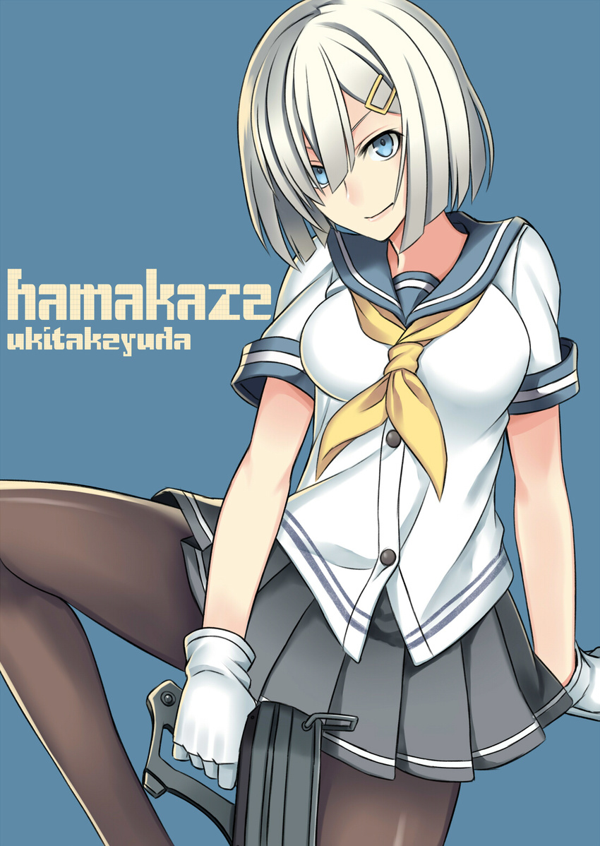bad_id bad_pixiv_id blue_background blue_eyes breasts brown_legwear cowboy_shot gloves grey_skirt gun hair_ornament hairclip hamakaze_(kantai_collection) highres holding kantai_collection large_breasts leg_up light_smile looking_at_viewer miniskirt neckerchief pantyhose school_uniform serafuku short_hair short_sleeves silver_hair simple_background skirt solo sora_yoshitake_yuda weapon white_gloves yellow_neckwear