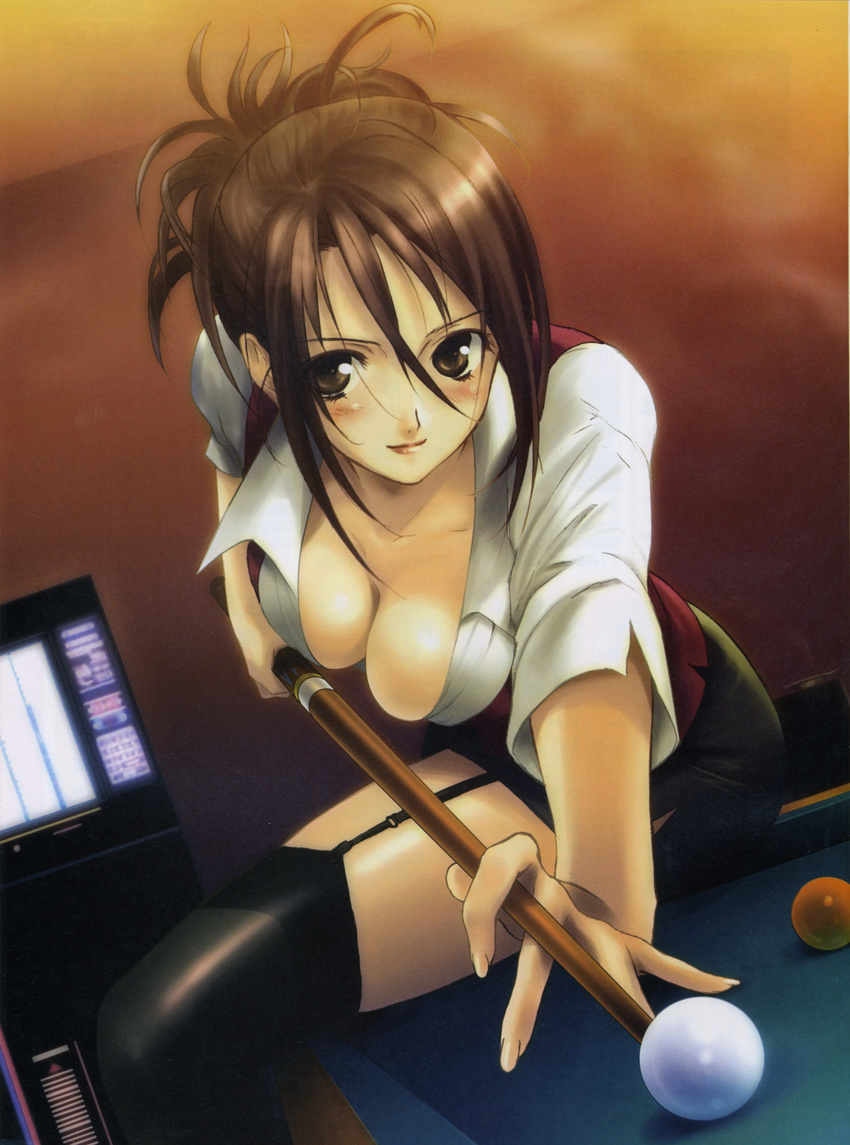 absurdres ball billiards black_legwear breasts brown_eyes brown_hair cleavage cue_ball cue_stick downblouse dutch_angle fingernails garter_straps highres light_smile lipstick looking_at_viewer makeup masaharu medium_breasts original outstretched_arm pencil_skirt screen short_hair skindentation skirt solo thighhighs zettai_ryouiki