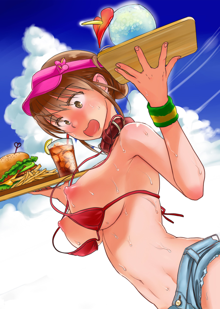 absurdres bikini_top breasts brown_eyes brown_hair cloud collar day denim denim_shorts drink drinking_straw dutch_angle food french_fries glass hamburger highres large_breasts navel nipples open_mouth original outdoors perky_breasts pointy_breasts shorts sky soda solo sweat tray visor_cap wardrobe_malfunction wristband yowamidori