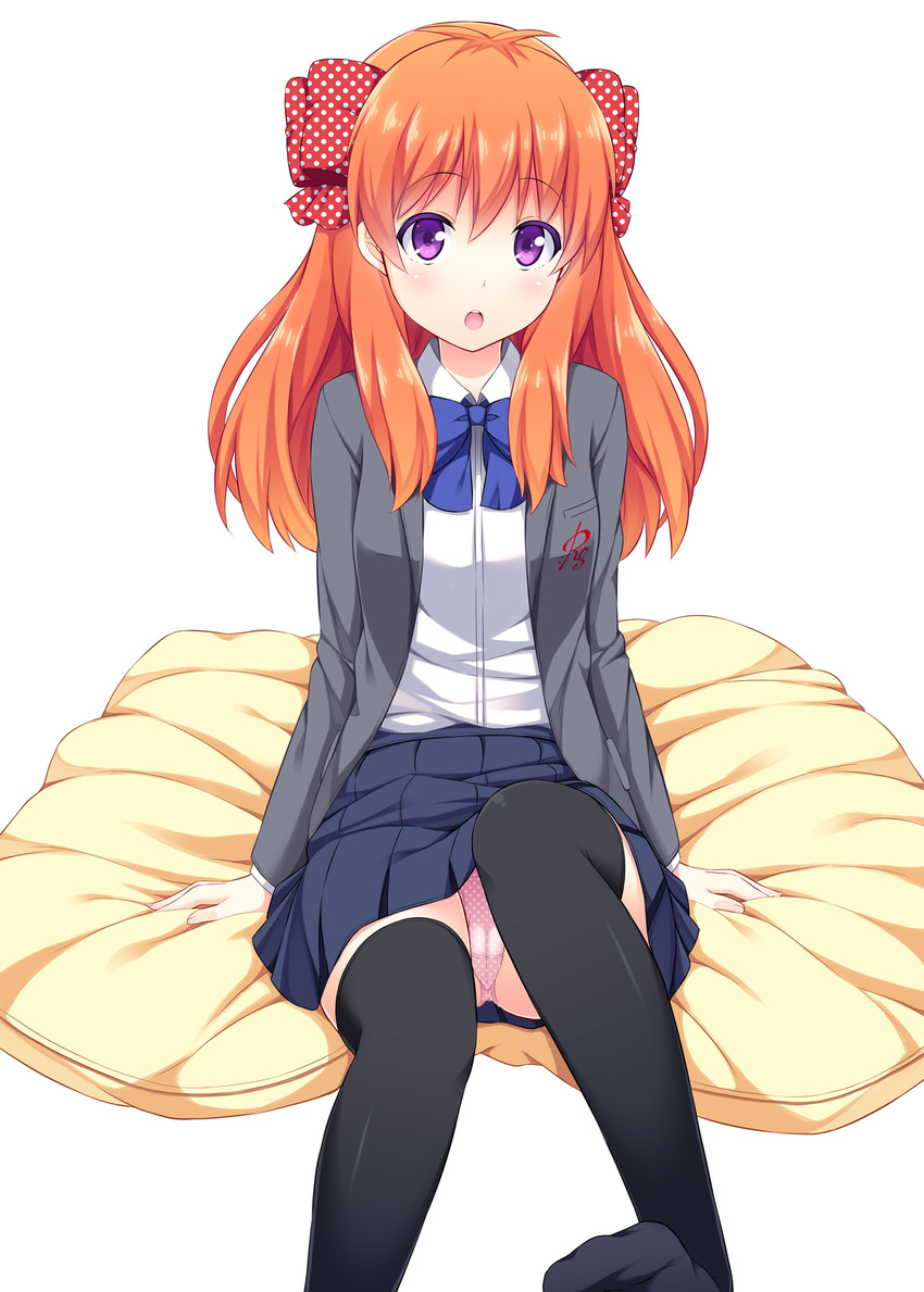 :o arms_at_sides black_legwear blue_skirt bow bowtie cameltoe cardigan cushion gekkan_shoujo_nozaki-kun hair_bow highres long_hair long_sleeves nectar_(fujiya) no_shoes open_mouth orange_hair panties pantyshot pantyshot_(sitting) pink_panties pleated_skirt polka_dot polka_dot_bow polka_dot_panties purple_eyes rouman_academy_uniform sakura_chiyo school_uniform shirt sidelocks simple_background sitting skirt solo thighhighs underwear unmoving_pattern white_background white_shirt