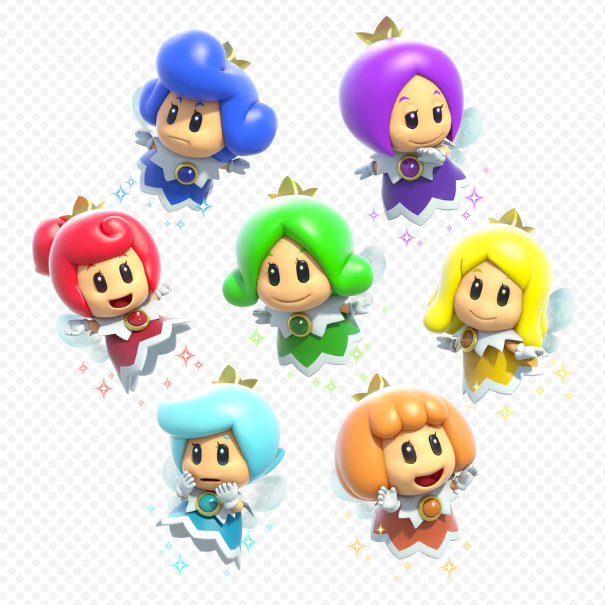 6+girls absurdres blonde_hair blue_hair crown fairy female gloves green_hair highres jewelry multiple_girls official_art orange_hair princess purple_hair red_hair sprixie super_mario_3d_world super_mario_bros.