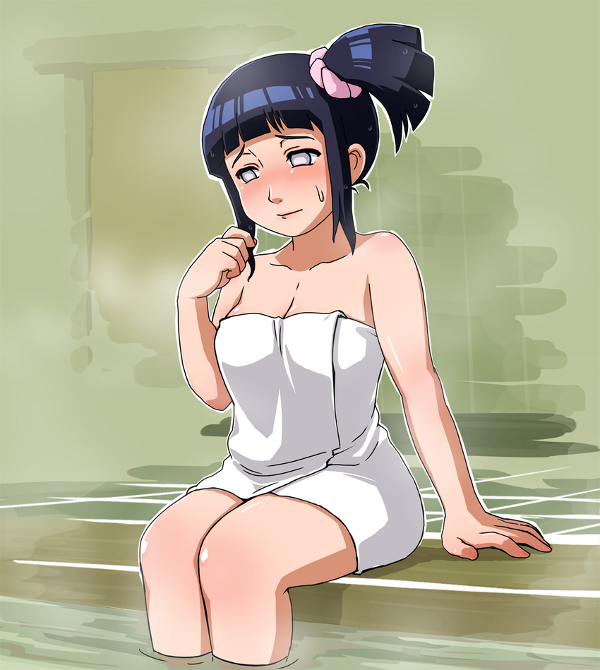 1girl bath blue_hair blush breasts cleavage collarbone embarrassed highres hyuuga_hinata large_breasts legs long_hair looking_away naruto nude oreshika side_ponytail sitting solo steam sweat thighs towel water white_eyes