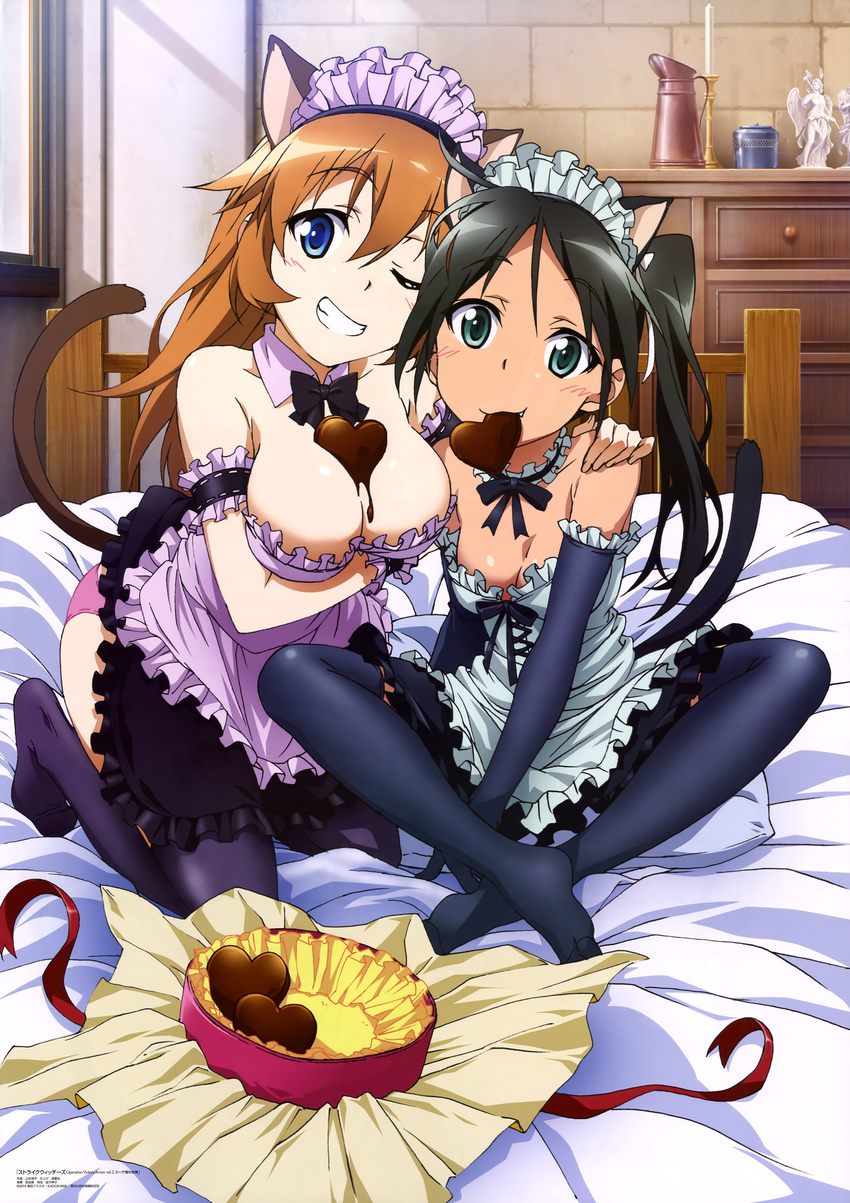 ;) absurdres animal_ears apron arm_garter bare_shoulders black_gloves black_hair black_legwear black_neckwear blue_eyes bow bowtie breast_hold breasts brown_hair cat_ears cat_tail charlotte_e_yeager chocolate choker cleavage dark_skin detached_collar elbow_gloves fang food_on_body francesca_lucchini gloves green_eyes grin highres indian_style kneeling large_breasts looking_at_viewer magazine_scan maid_headdress multiple_girls nyantype official_art one_eye_closed panties pink_apron pink_panties scan sitting skindentation smile strike_witches tail thighhighs twintails underwear white_apron world_witches_series yamamoto_shuuhei