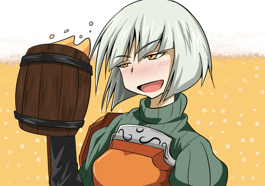 1girl alcohol armor beatrix_(chain_chronicle) beer chain_chronicle drunk short_hair silver_hair suzukaze_(sotoao) yellow_eyes