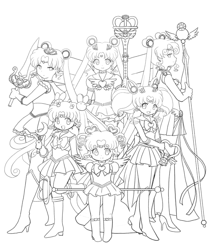 angel_wings bishoujo_senshi_sailor_moon boots bow brooch bunny_hair_ornament chibi_chibi chibi_usa choker crescent double_bun drill_hair elbow_gloves eternal_sailor_moon eternal_tiare facial_mark forehead_mark gloves greyscale hair_ornament hairpin heart highres holding holding_staff holding_sword holding_wand holding_weapon jewelry knee_boots lineart long_hair magical_girl monochrome multiple_girls multiple_persona pleated_skirt pointing pretty_guardian_sailor_moon princess_sailor_moon princess_sword ribbon sailor_chibi_chibi sailor_chibi_moon sailor_collar sailor_cosmos sailor_moon sailor_senshi sailor_senshi_uniform serious short_hair sidelocks simple_background skirt staff suzuna_mine sword tiara tsukino_kousagi tsukino_usagi twintails wand weapon white_background wings