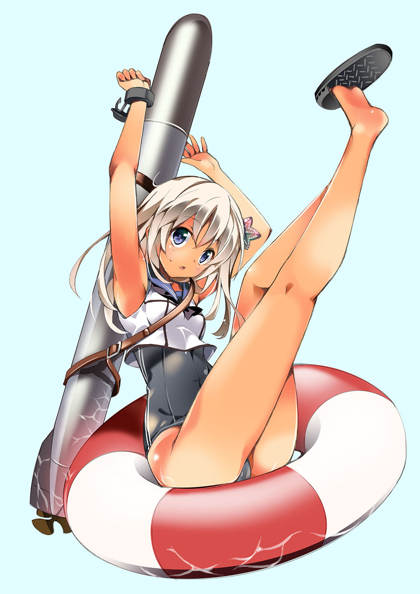 arms_up bare_legs bare_shoulders blonde_hair blue_eyes flower hair_flower hair_ornament highres kantai_collection legs lifebuoy long_hair looking_at_viewer open_mouth ro-500_(kantai_collection) school_swimsuit slippers solo swimsuit swimsuit_under_clothes tan tanline tomatomato_(tomato_kanzume) torpedo