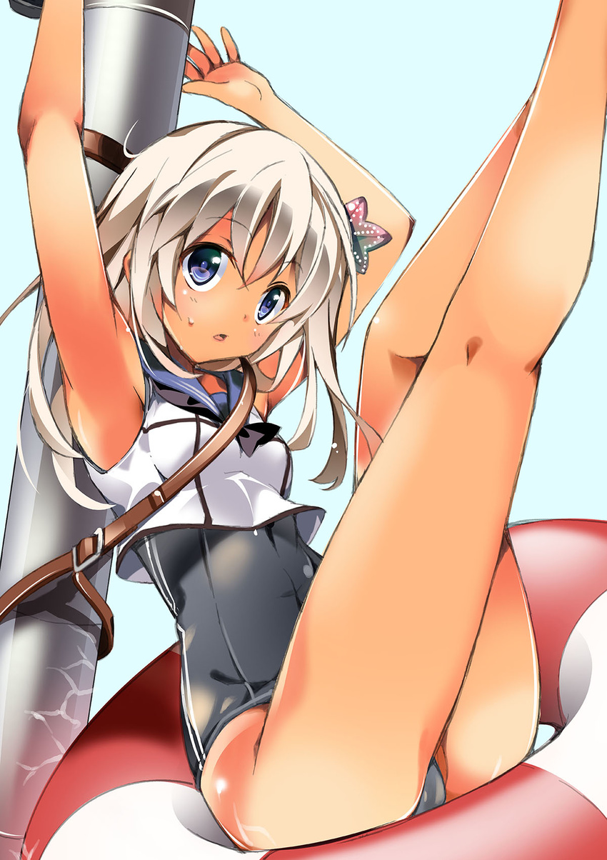 arms_up bare_legs bare_shoulders blonde_hair blue_eyes flower hair_flower hair_ornament highres kantai_collection legs lifebuoy long_hair looking_at_viewer open_mouth ro-500_(kantai_collection) school_swimsuit slippers solo swimsuit swimsuit_under_clothes tan tanline tomatomato_(tomato_kanzume) torpedo