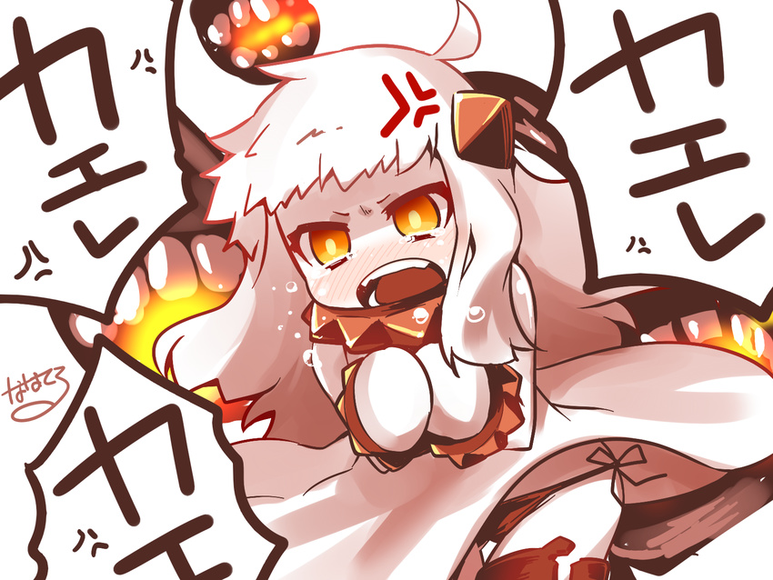 ahoge anger_vein angry black_panties blush dress fangs fire go_back! hands_together highres kantai_collection long_hair mittens nanateru northern_ocean_hime open_mouth orange_eyes panties shinkaisei-kan side-tie_panties solo tears thigh_strap translated underwear white_dress white_hair