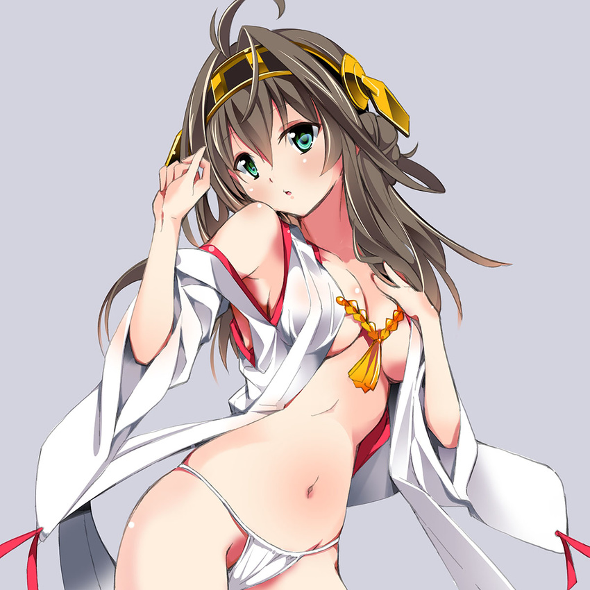 :o ahoge bare_shoulders breasts brown_hair contrapposto detached_sleeves double_bun green_eyes hairband headgear highres japanese_clothes kantai_collection kongou_(kantai_collection) long_hair medium_breasts navel nontraditional_miko open_clothes panties solo standing tomatomato_(tomato_kanzume) underwear white_panties