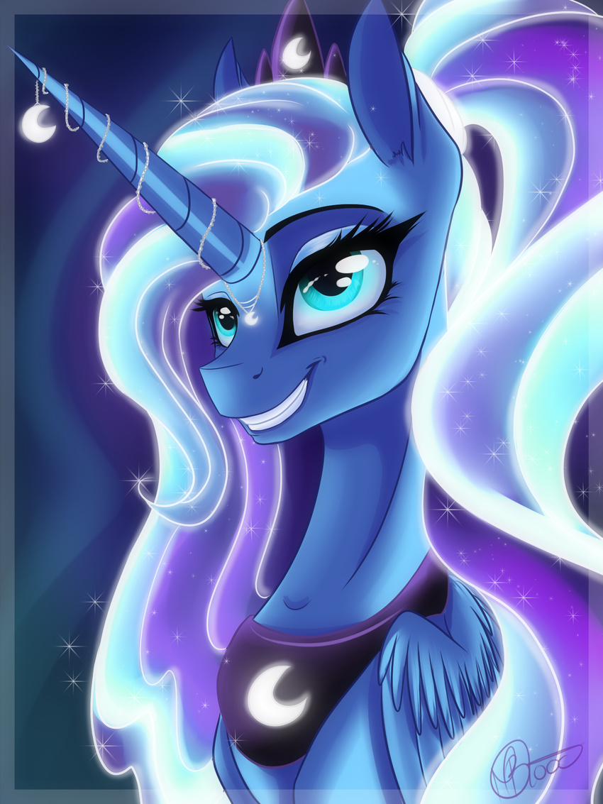 2014 blue_eyes blue_hair chain crown equine eyeshadow female friendship_is_magic glowing hair horn jewelry makeup mammal my_little_pony necklace portrait princess_luna_(mlp) sevenada solo sparkles winged_unicorn wings