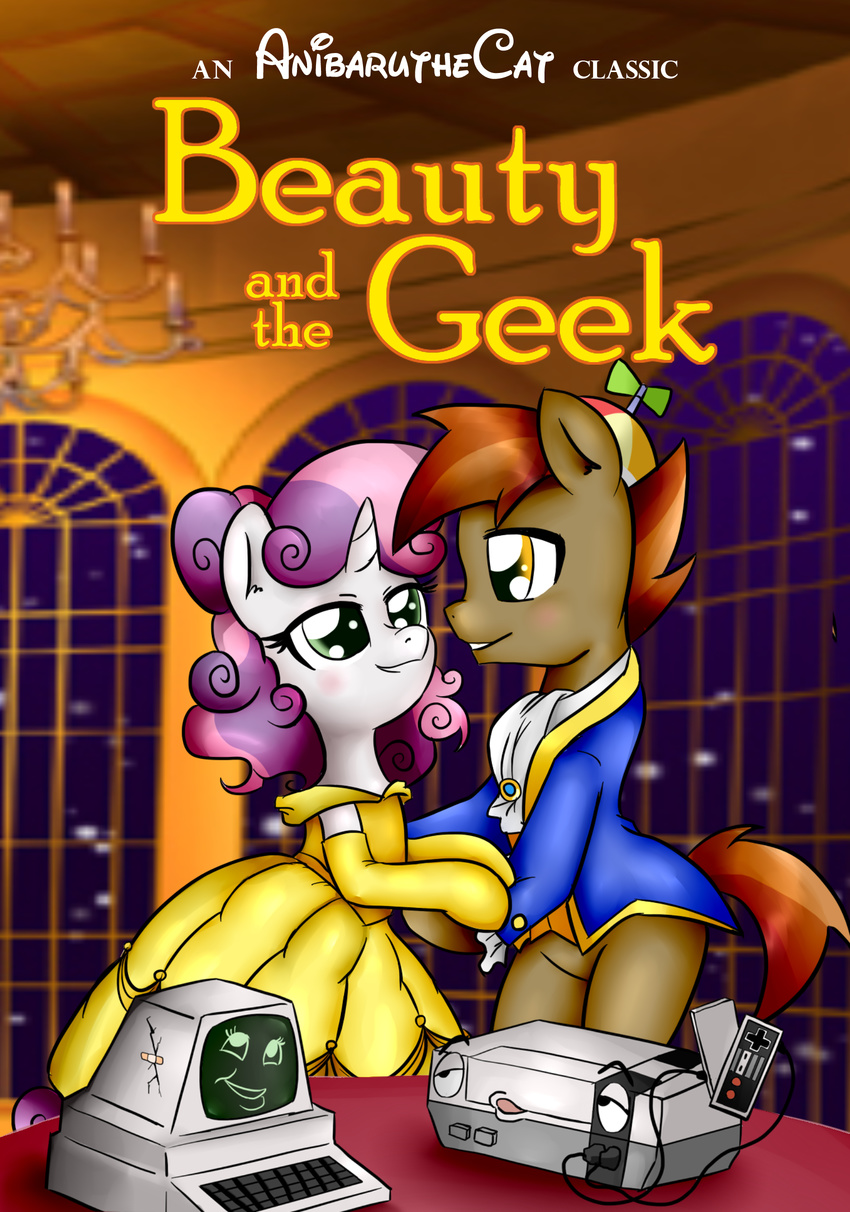 2015 anibaruthecat anthro beauty_and_the_beast brown_hair button_mash_(mlp) clothing crossover earth_pony elbow_gloves equine eye_contact female friendship_is_magic gloves hair hat hi_res horn horse inside male mammal my_little_pony pony propeller_hat smile sweetie_belle_(mlp) two_tone_hair unicorn young