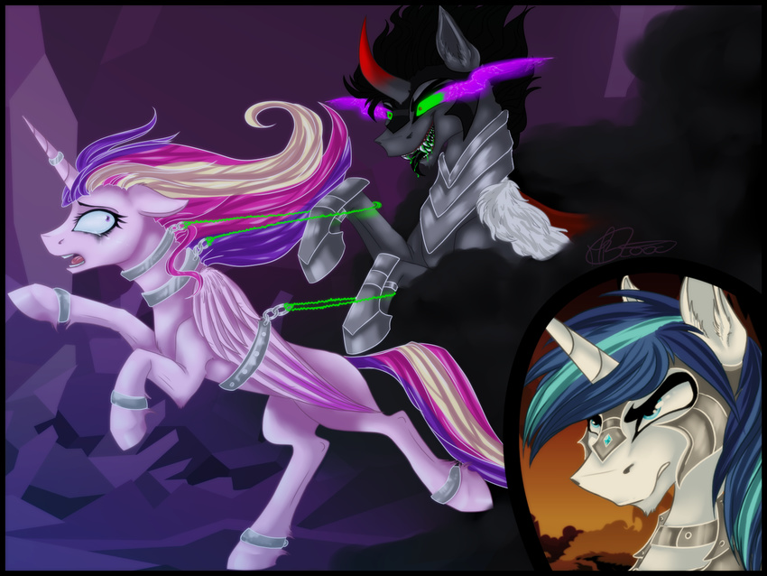 2015 armor black_hair blue_eyes blue_hair cape chain cloud collar crystal equine eye_mist fangs female friendship_is_magic glowing hair helmet horn king_sombra_(mlp) male mammal multicolored_hair my_little_pony princess_cadance_(mlp) purple_eyes red_eyes sevenada sharp_teeth shining_armor_(mlp) sparkles teeth unicorn winged_unicorn wings