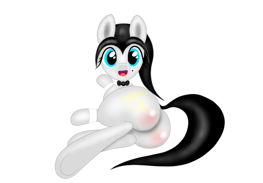 big_butt black_hair blue_eyes bow_tie butt cutie_mark equine fan_character female fur hair hi_res hooves horse klavinova long_hair looking_at_viewer looking_back lying mammal my_little_pony open_mouth plain_background pony rear_view smile solo